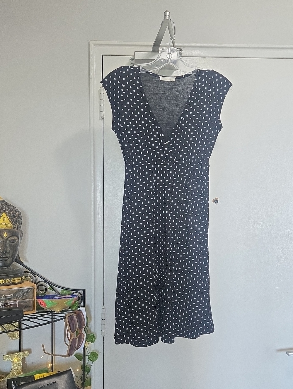Navy Polka Dot V-Neck Midi Dress